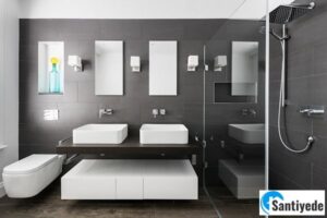 Koyu renkli banyo dekorasyonu mobilya uyumu